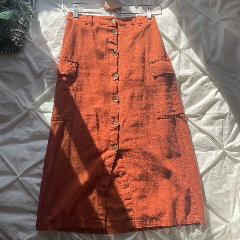 Burnt orange midi button down skirt